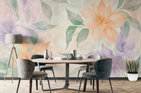 Delicate watercolor flowers on a serene wall mural.
