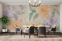 Artistic watercolor floral wall mural in soft hues.
