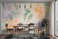 Elegant watercolor blossoms on a wall mural.
