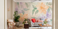 Dreamy watercolor flower mural with gentle shades.
