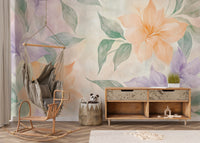 Serene watercolor flower wall mural in pastel tones.
