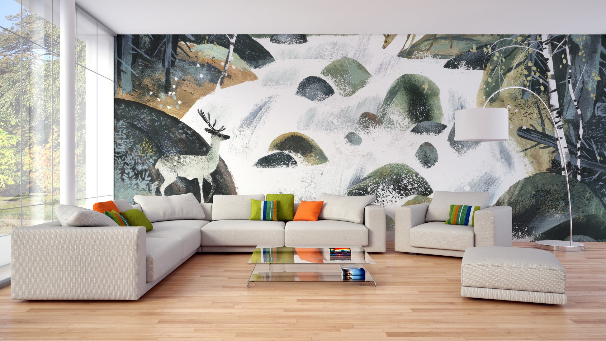 Forest Waterfall with Deer Wallpaper Mural Design