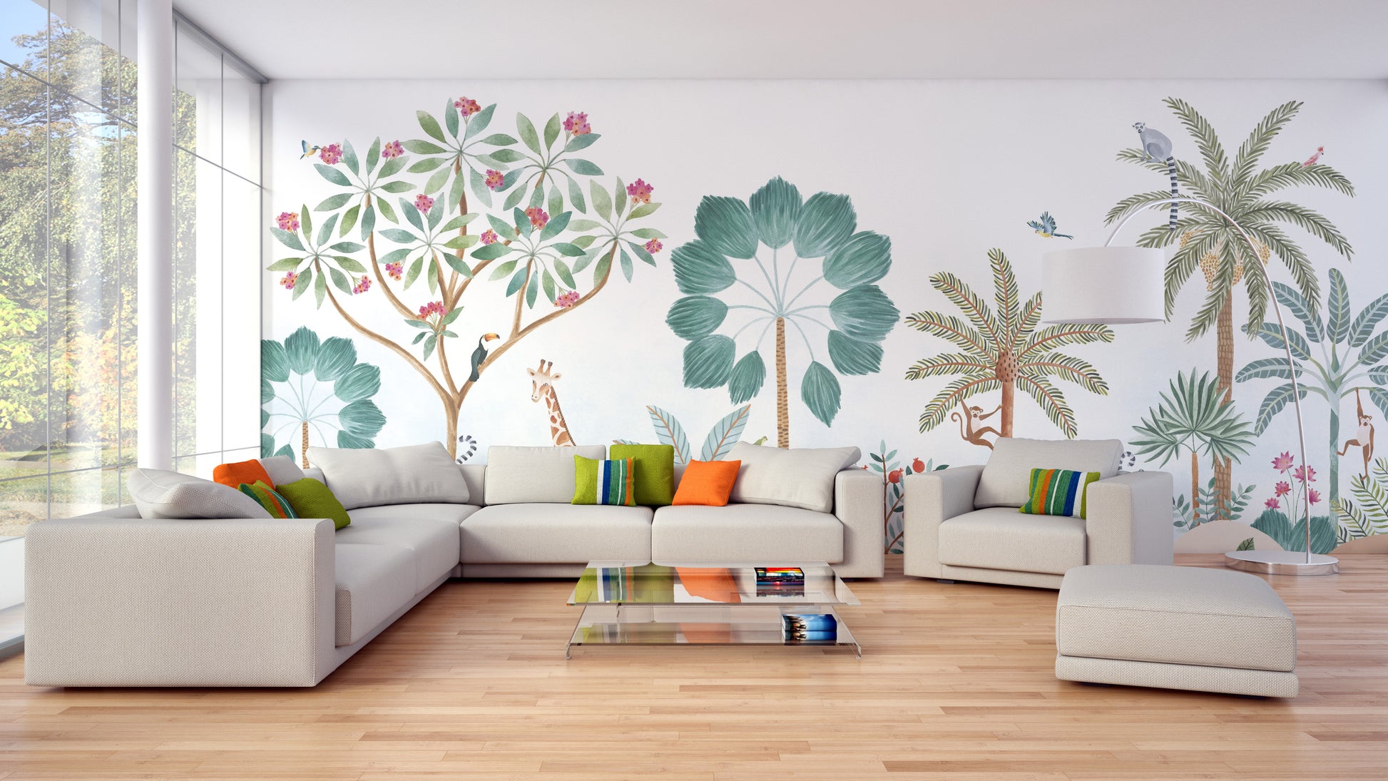 Tropical paradise mural with lush greenery
