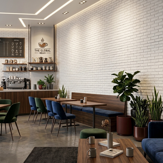 Clean brick wall mural industrial style cafe wallpaper look.