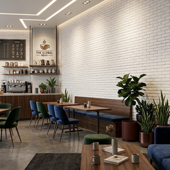 Clean brick wall mural industrial style cafe wallpaper look.