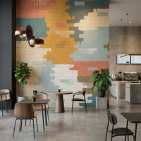 Colorful bricks cafe wallpaper mural with painted blocks in mustard and teal.