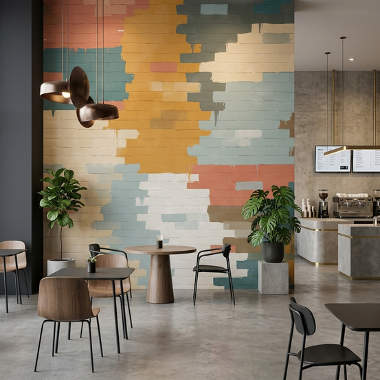 Colorful bricks cafe wallpaper mural with painted blocks in mustard and teal.