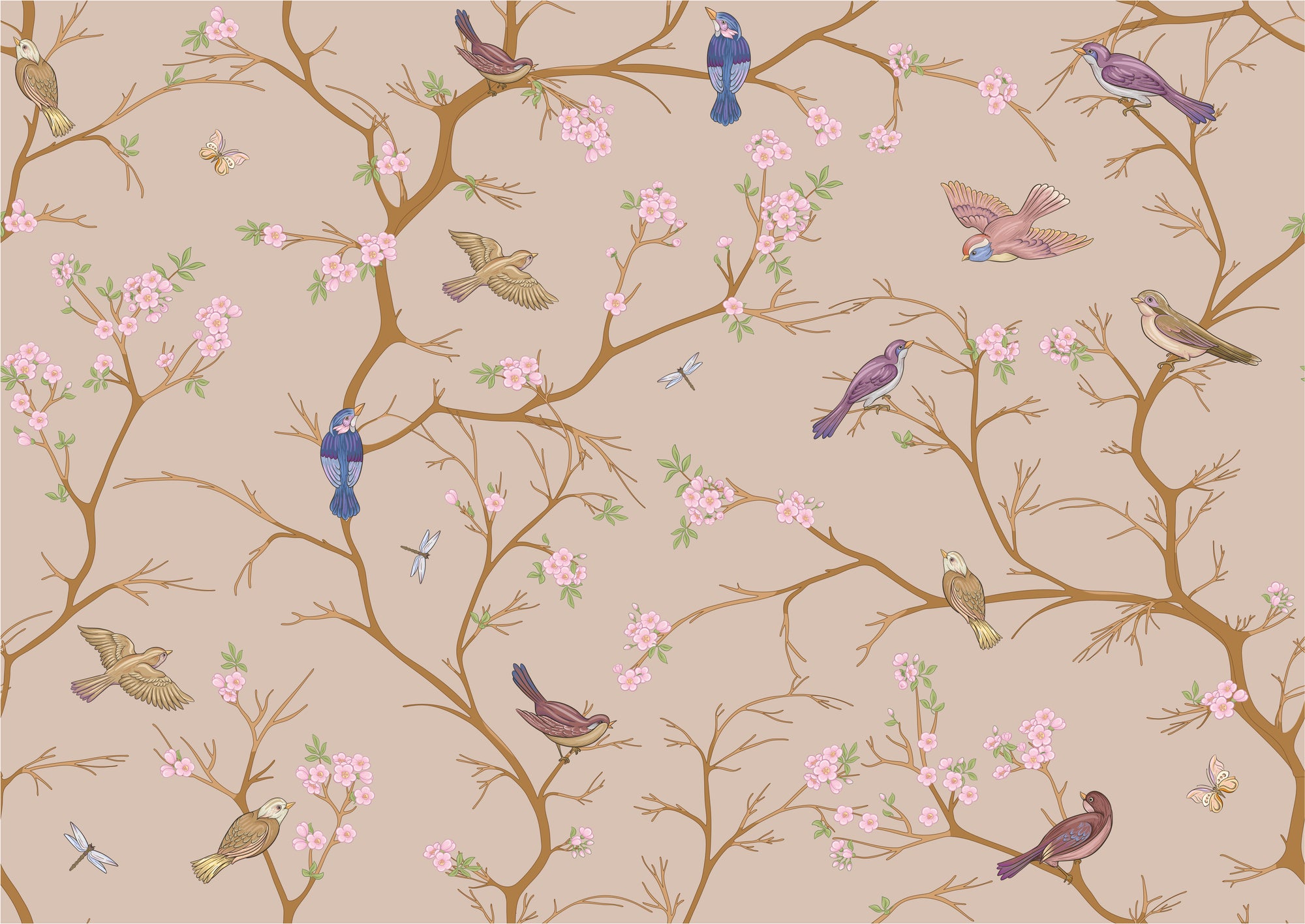 Beige Blossom Bird Wall Mural