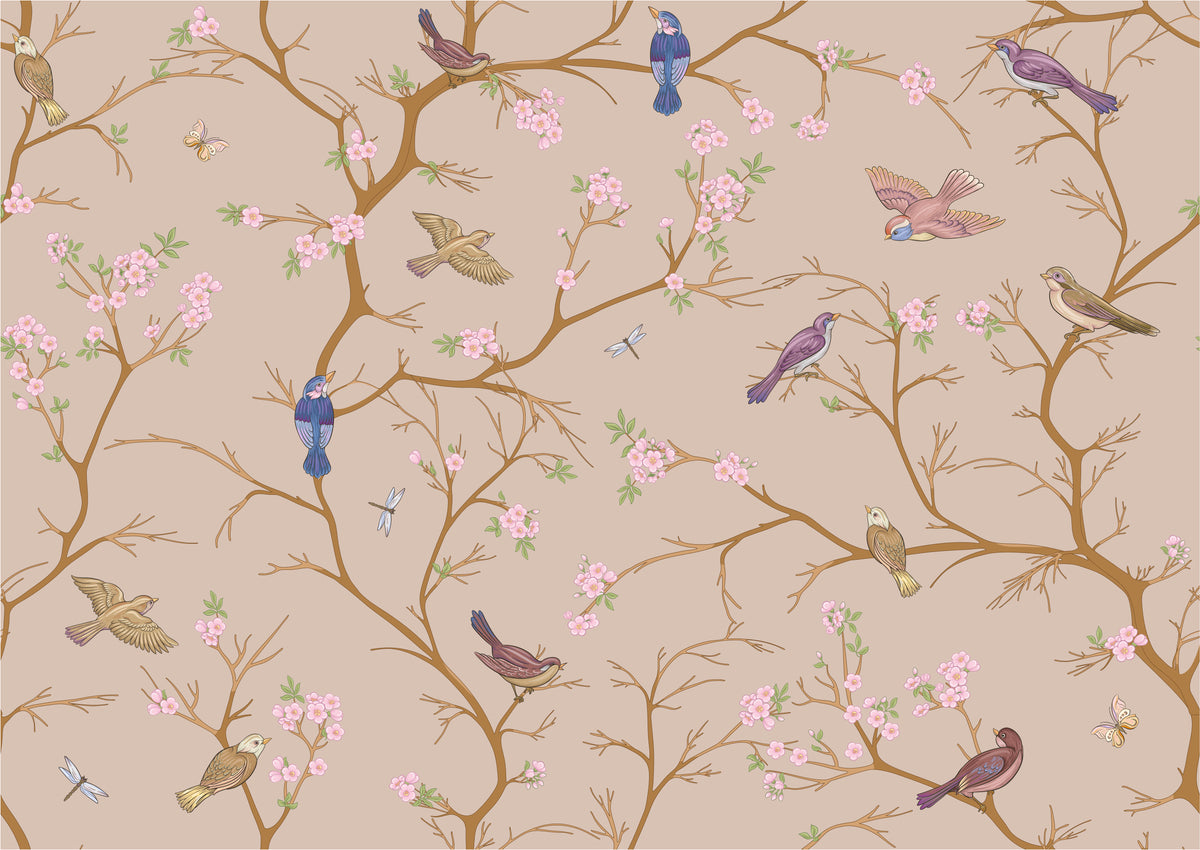 Beige Blossom Bird Wall Mural in your room — zoomed