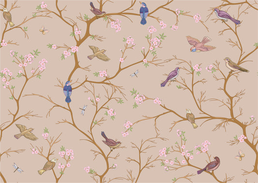 Beige Blossom Bird Wall Mural