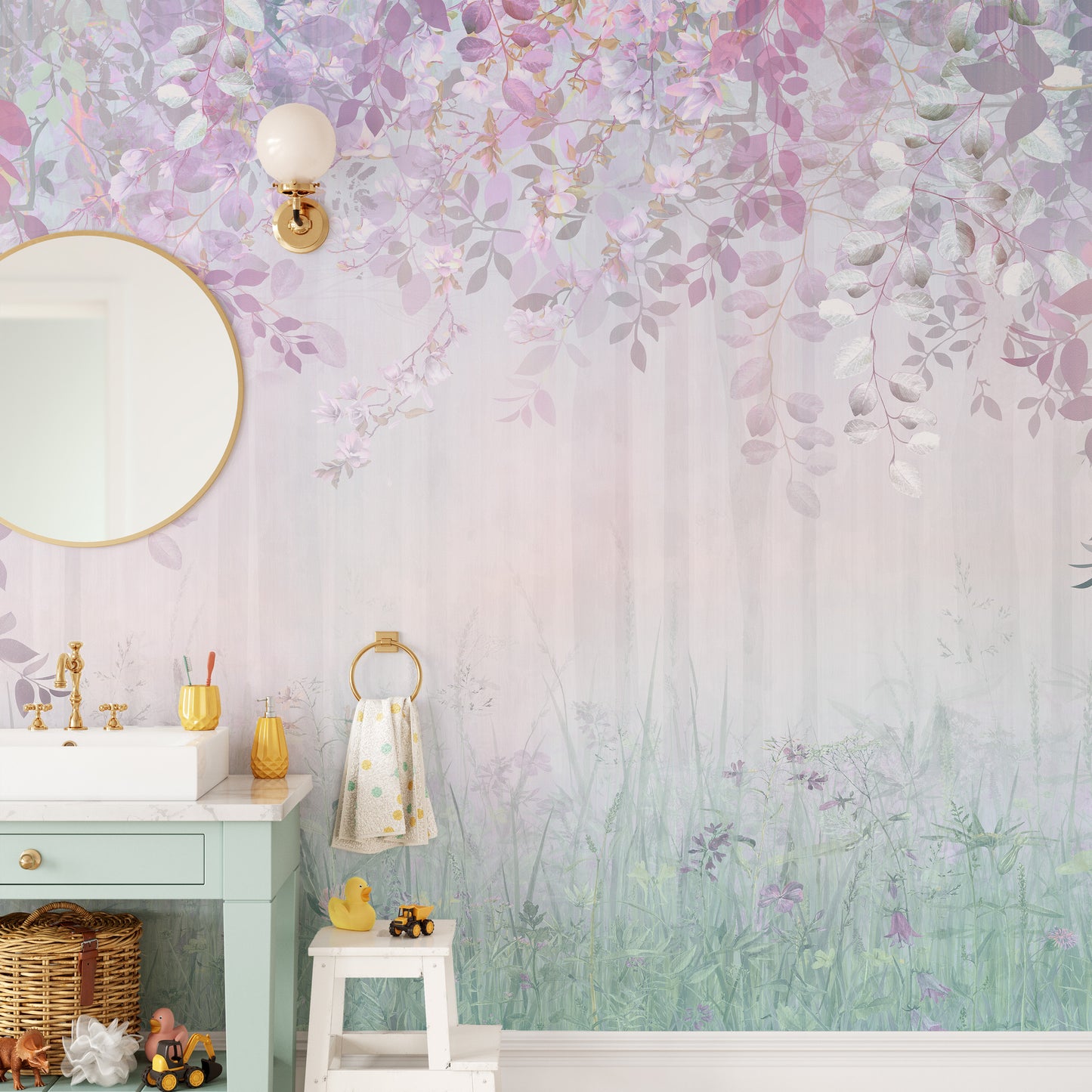 Wall mural showcasing a dreamy rainbow forest design
