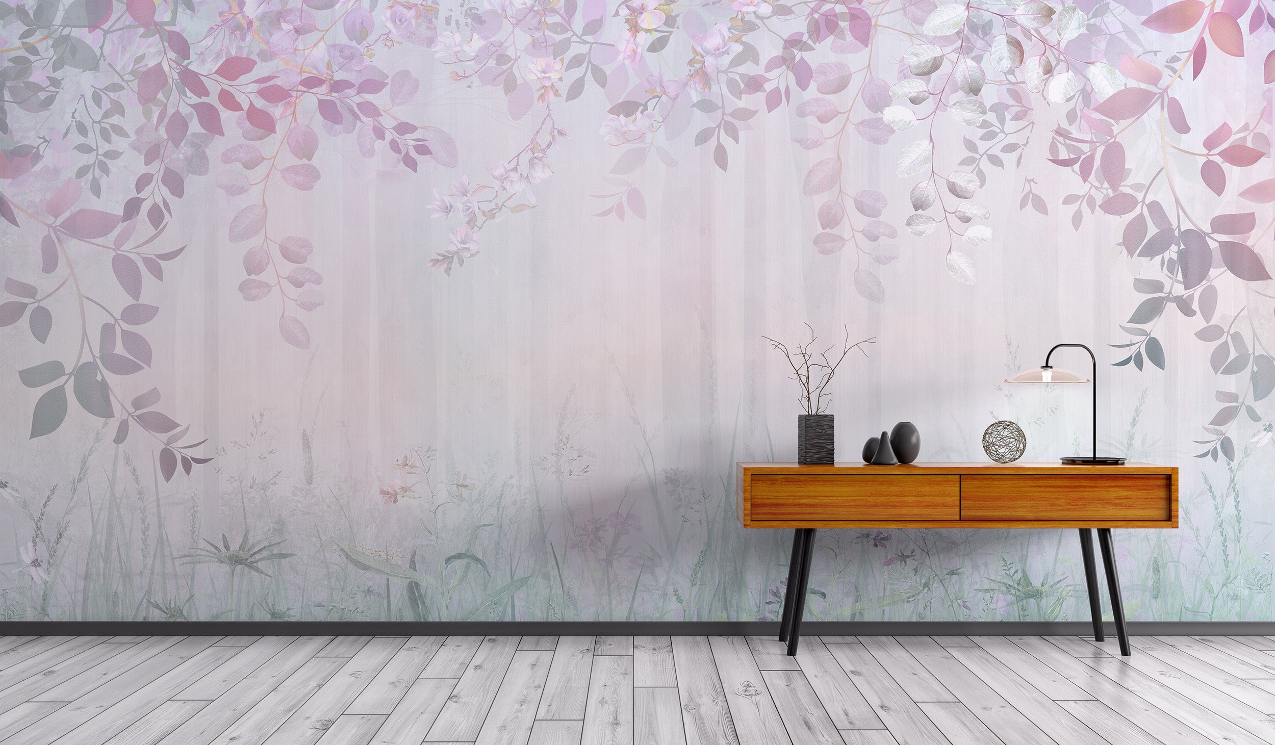 Magical forest wallpaper with ethereal rainbow tones
