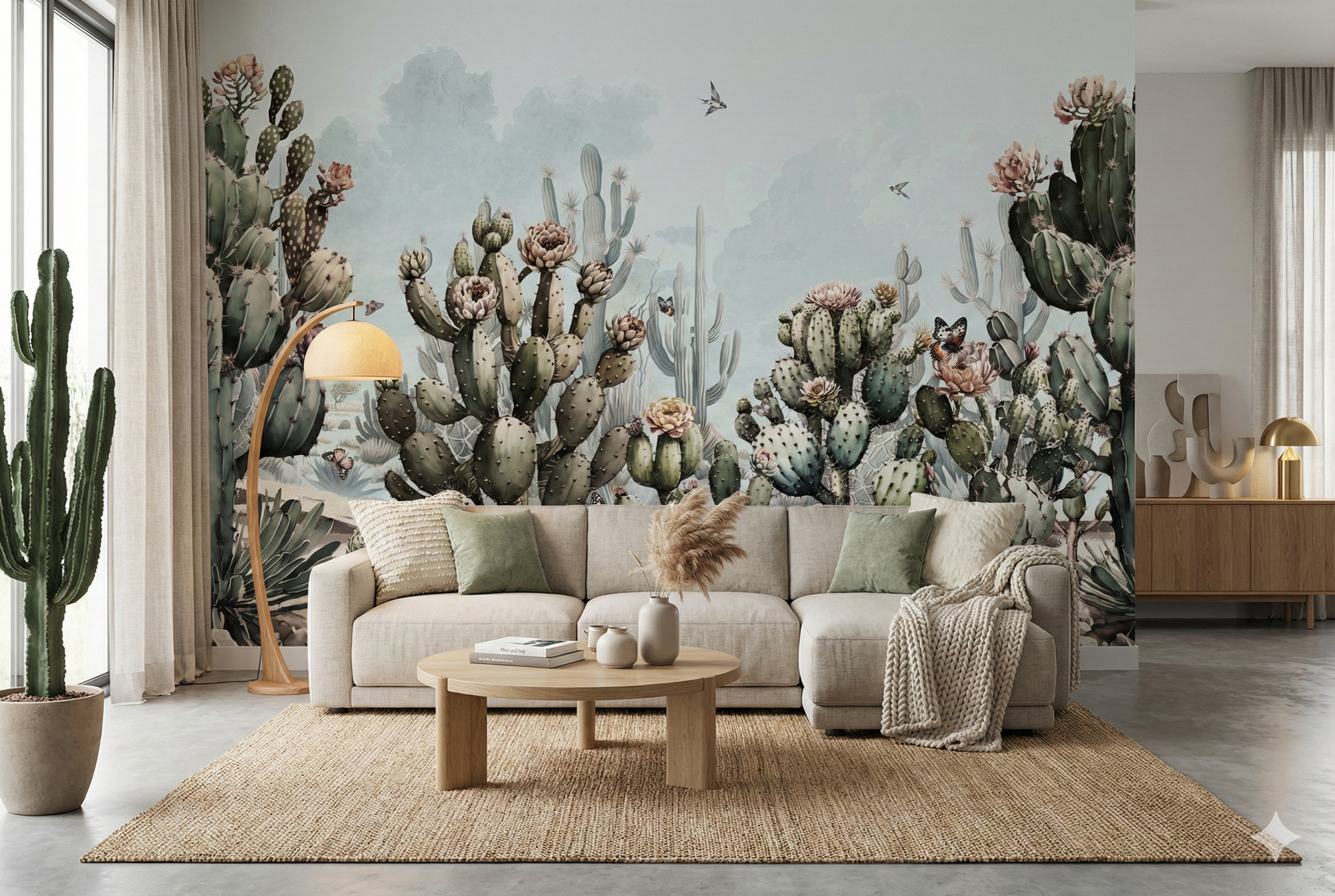 Artistic desert wallpaper mural with butterflies and soft horizon.