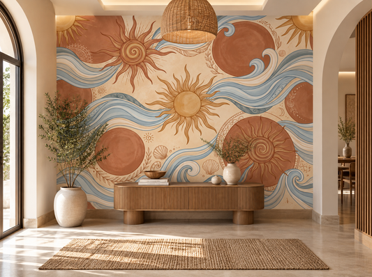 Celestial Sun and Swirling Sea Boho Wallpaper