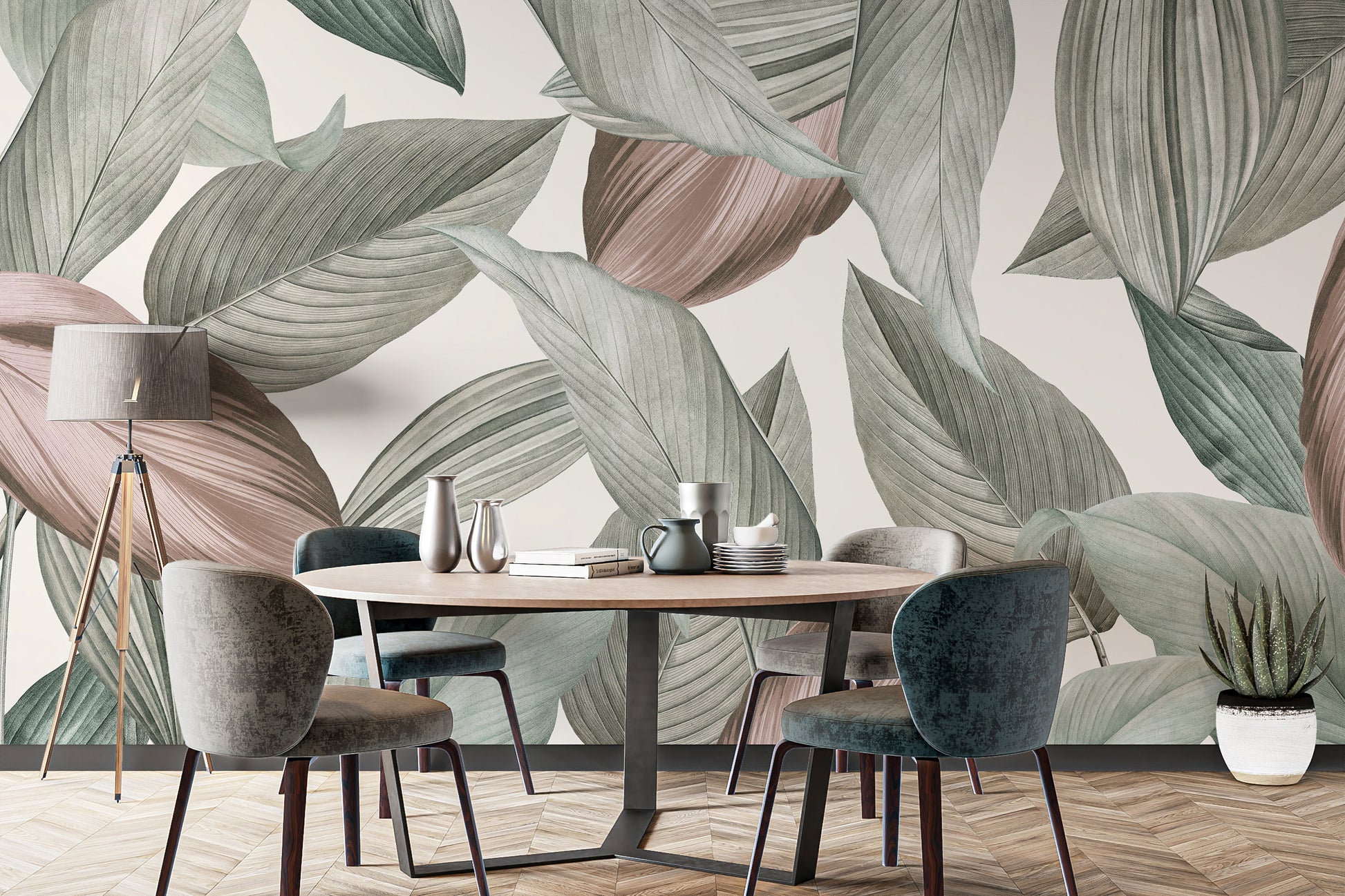 Nature-inspired gentle leaf patterns mural for serene walls
