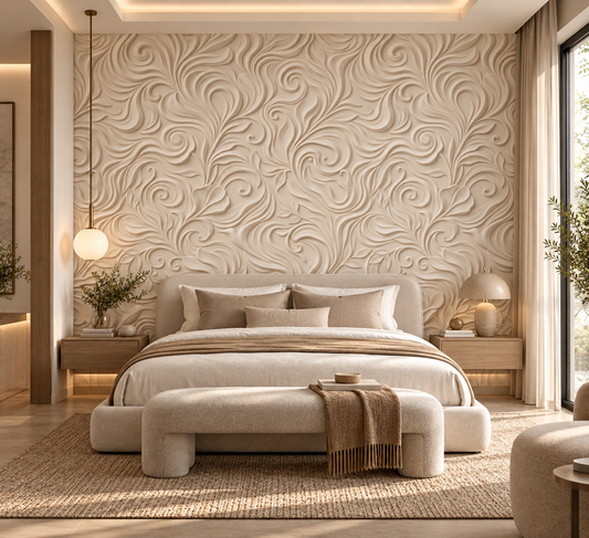 Elegant Cream Swirls Embossed Pattern Wallpaper
