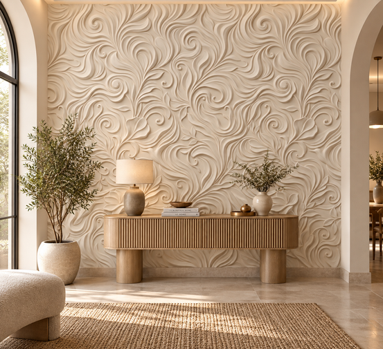 Elegant Cream Swirls Embossed Pattern Wallpaper