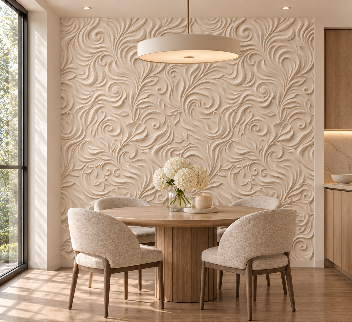 Elegant Cream Swirls Embossed Pattern Wallpaper