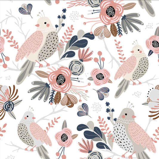 Cute Birds and Modern Floral Self Adhesive Wallpaper