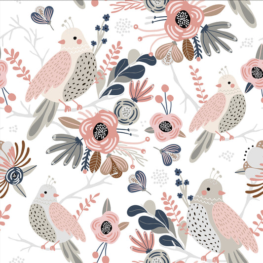Cute Birds and Modern Floral Self Adhesive Wallpaper