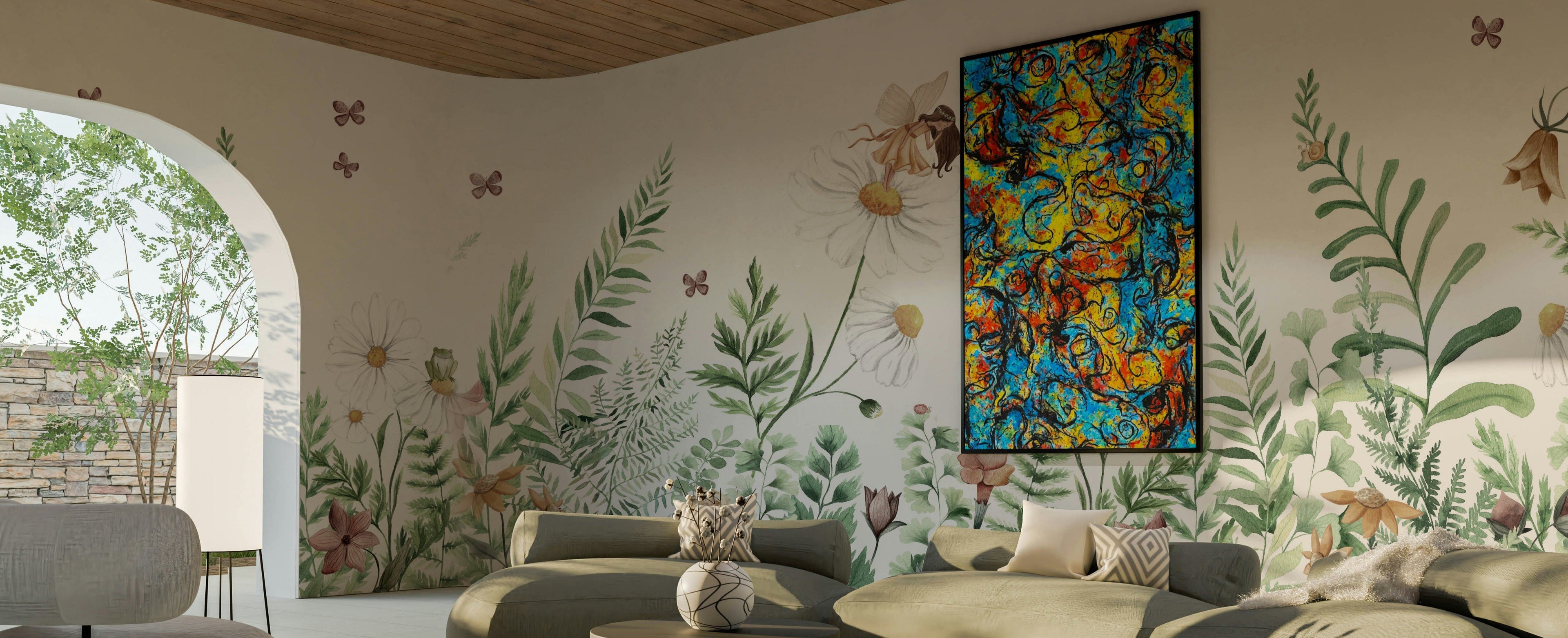 Watercolor style floral border mural wallpaper with green leaves, white daisies, small butterflies, and a fairy sitting on a daisy.