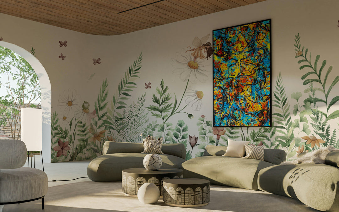 Delicate garden scene mural wallpaper featuring hand-painted flowers, greenery, small brown butterflies, and a fairy perched on a large white daisy.