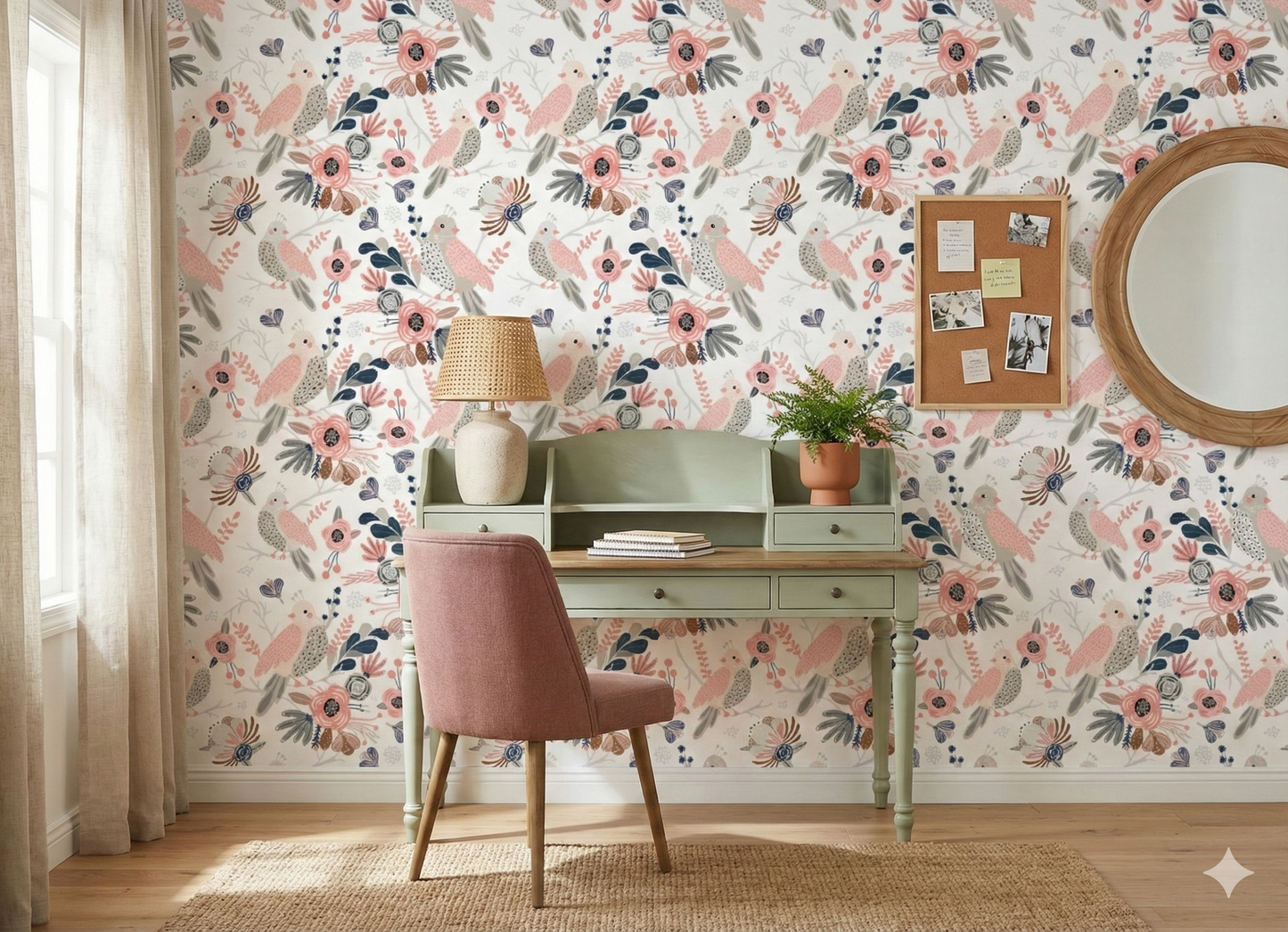 Cute Birds and Modern Floral Self Adhesive Wallpaper