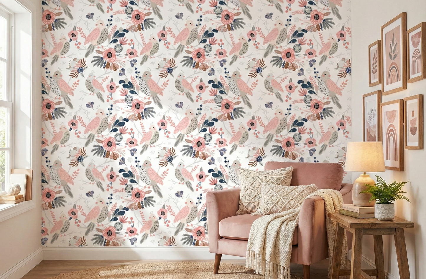 Cute Birds and Modern Floral Self Adhesive Wallpaper