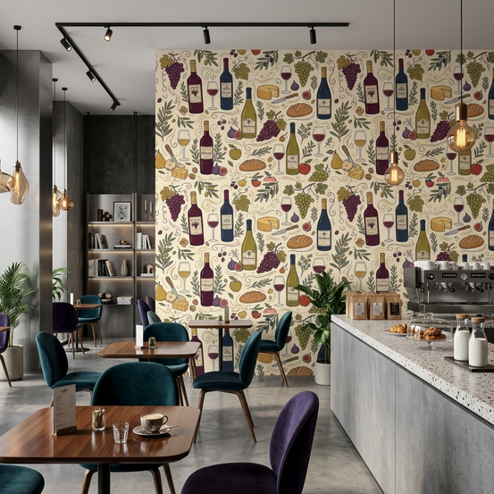 Cabernet and Chardonnay bottles with grapes on a cream cafe wall mural