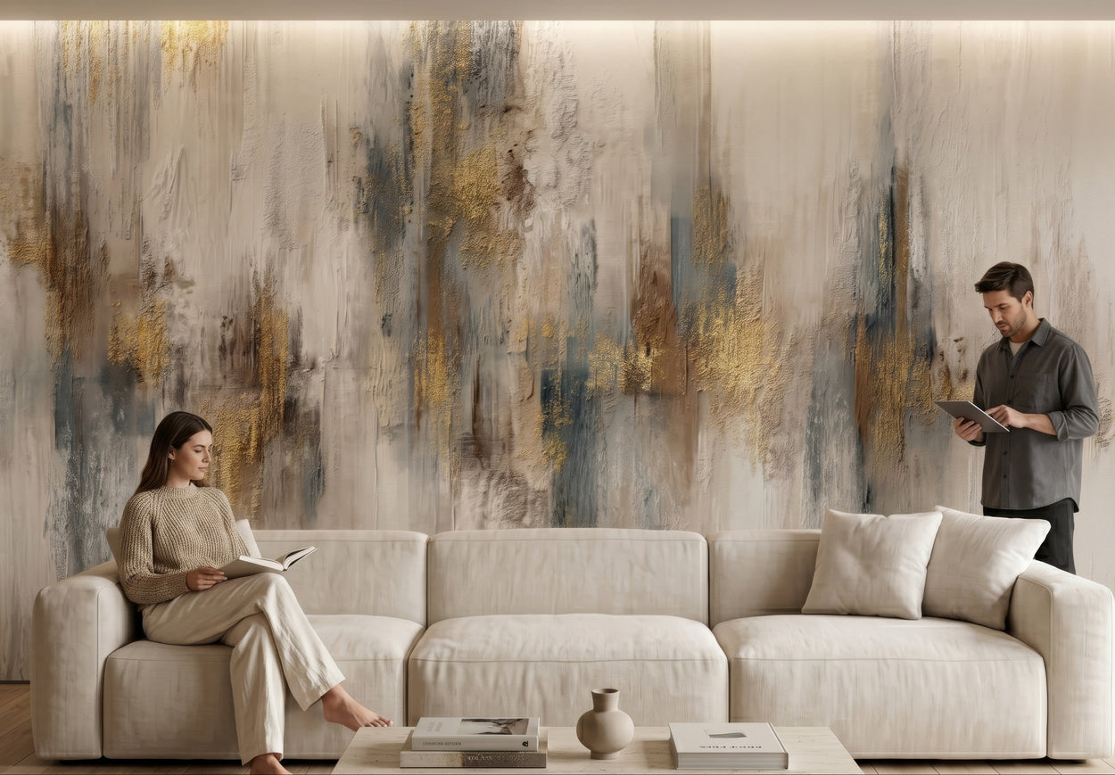Woman sitting on a beige sofa in a modern living room with abstract wall art.