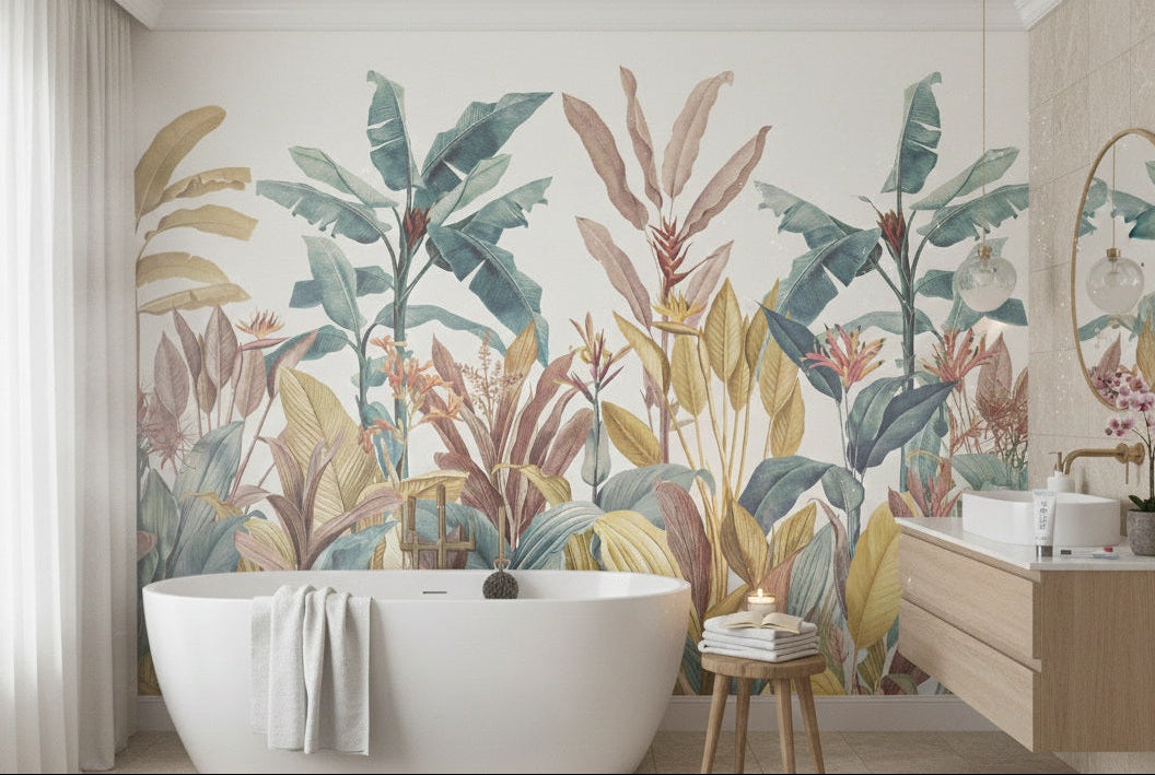 Bathroom with tropical leaf wallpaper, white bathtub, and wooden cabinet.