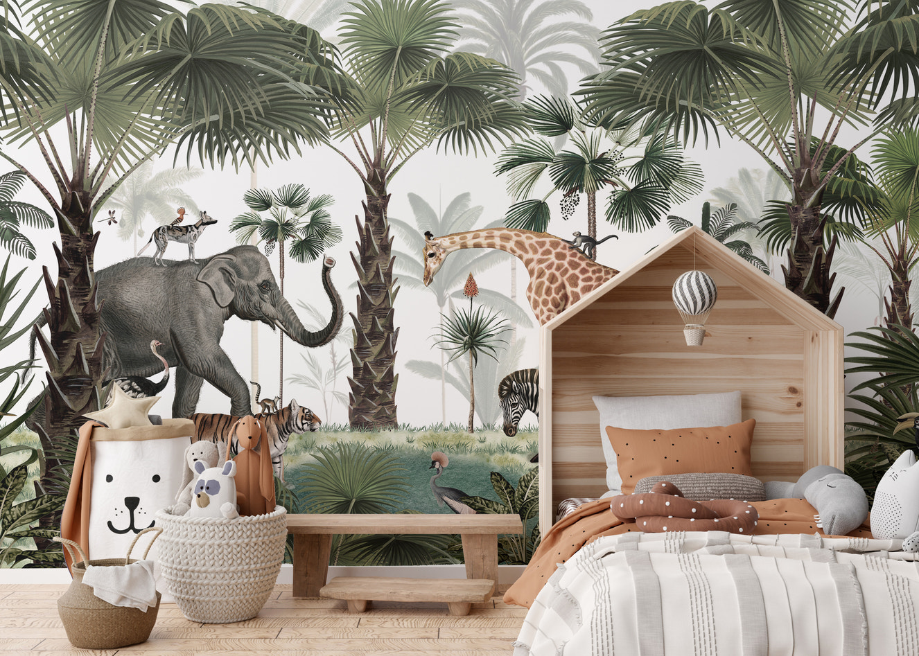 Forest mural featuring graceful deer in lush greenery.