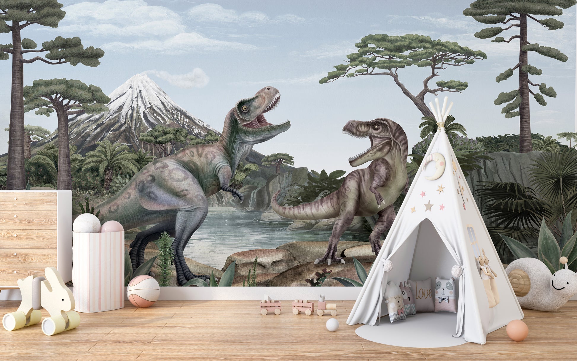 Bold and playful Terrific T-Rex dinosaur wall mural.
