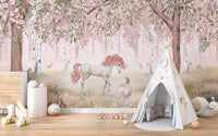 Vibrant Unicorn Forest Pink mural for children’s spaces.
