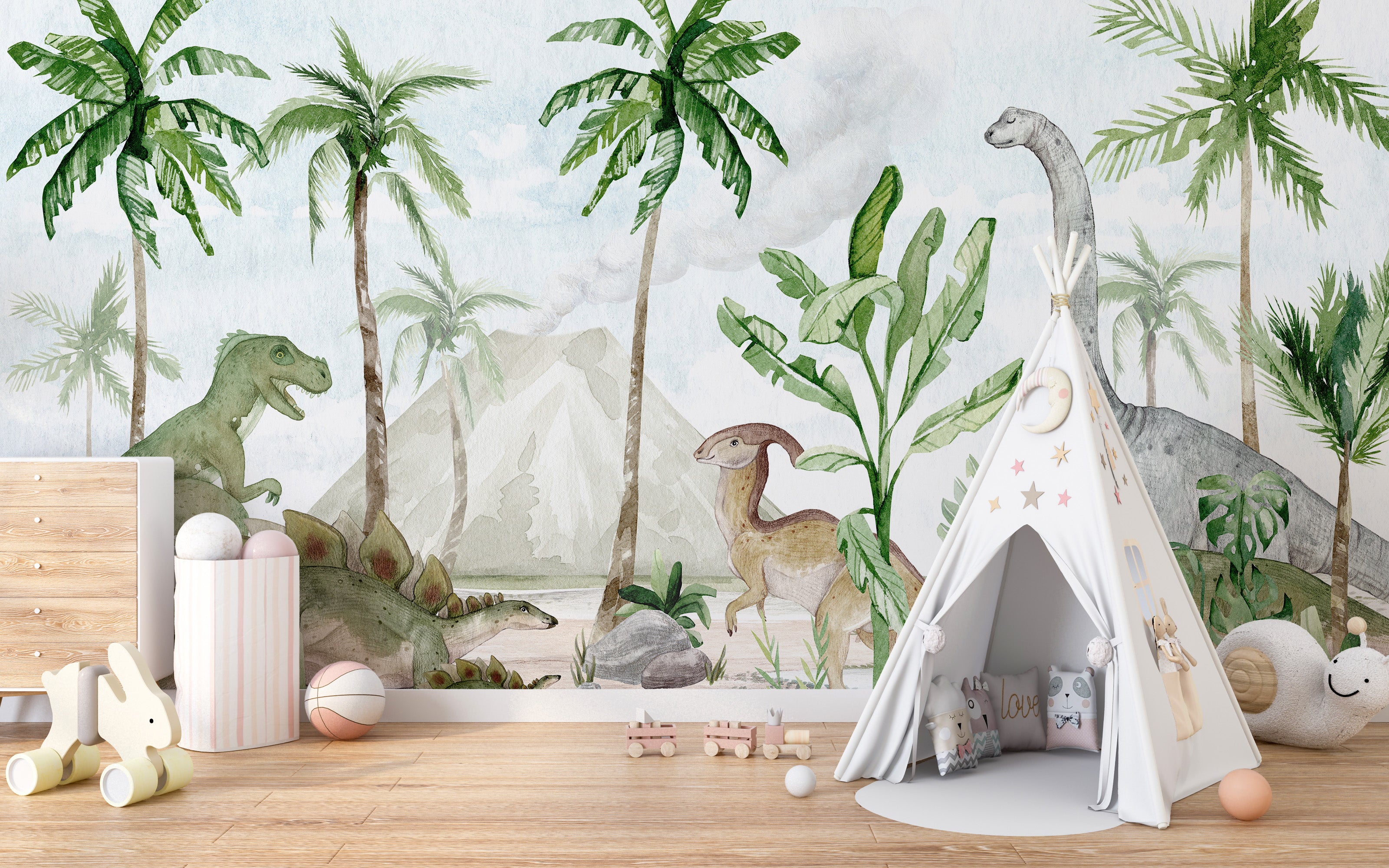 Wall mural depicting a prehistoric scene in soft watercolor hues
