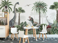 Tropical-themed mural with dinosaurs and greenery.
