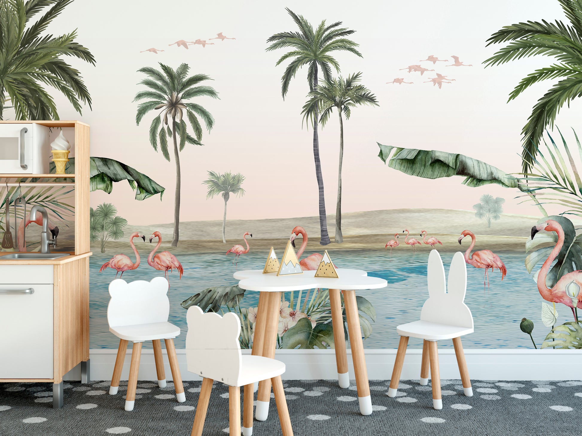 Tropical wall mural with flamingos and greenery design.
