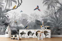 Birds canopy mural with lush tropical foliage design.
