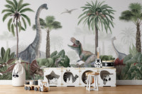 Dino mural adding adventure to tropical-inspired interiors.
