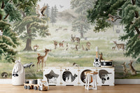 Kids' wallpaper with fun forest animals and bright scenery.
