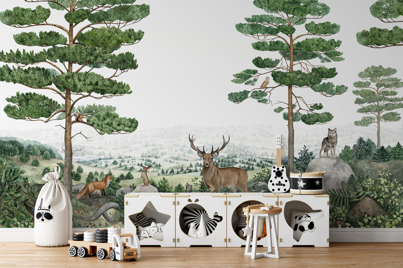 Forest vista mural with peel-and-stick convenience.