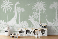 Bold and playful Monochrome Dino Green mural for children.



