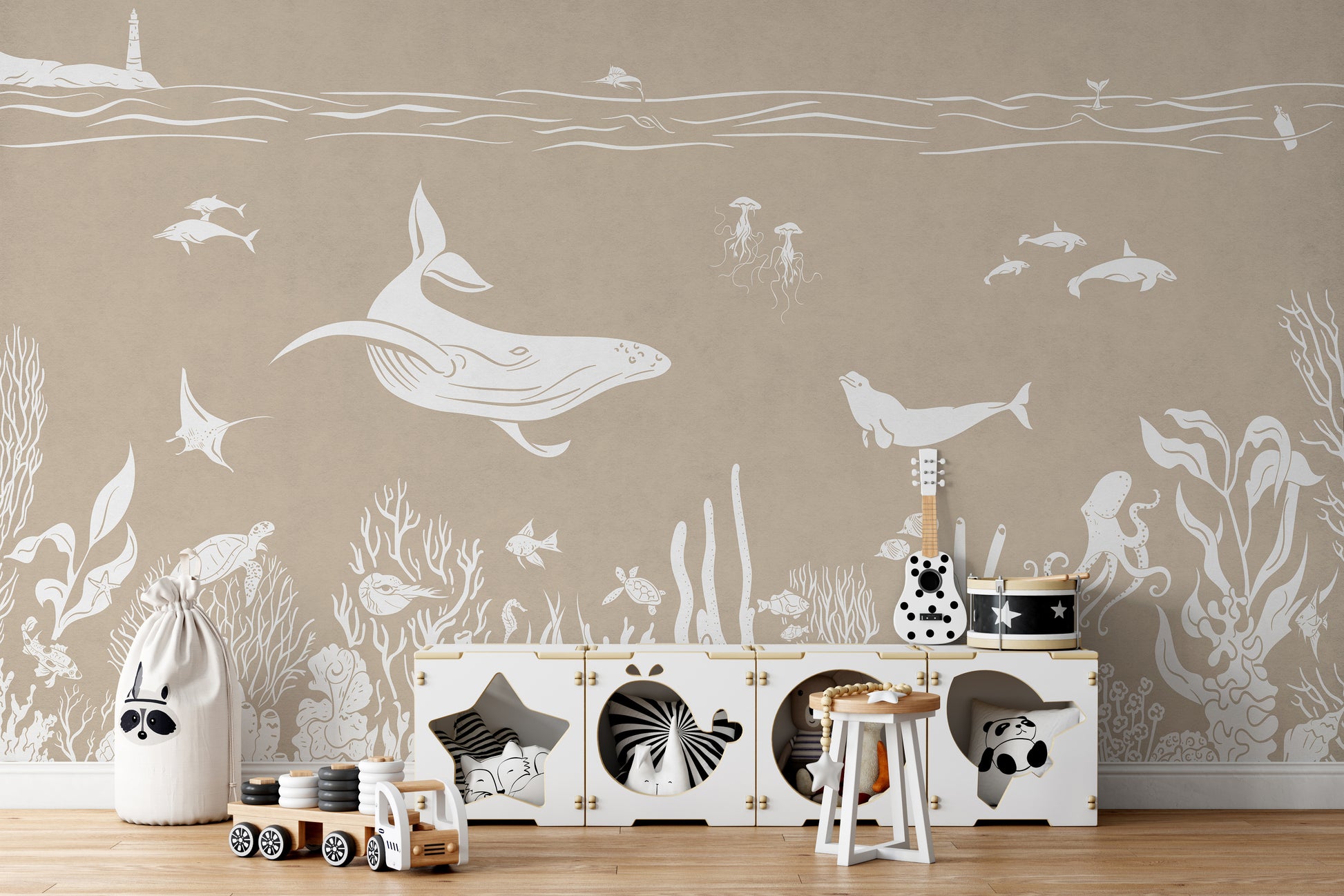 Monochrome Sea Brown wallpaper adds warmth to walls.
