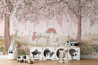 Unicorn Forest Pink mural enhances rooms with fantasy charm.
