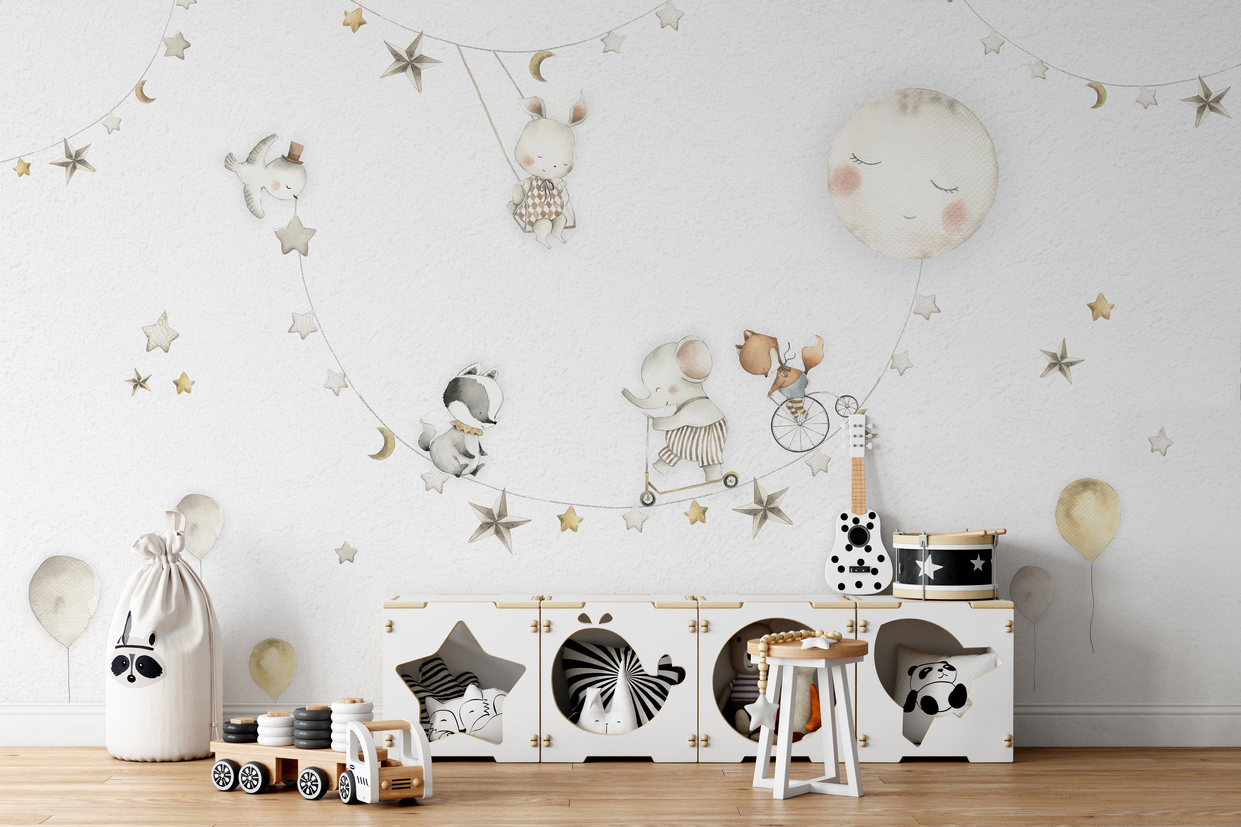 Charming nighttime-themed mural for serene wall decor
