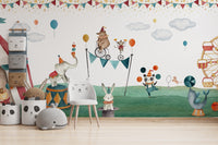 Lively mural showcasing animals in a playful circus setting.
