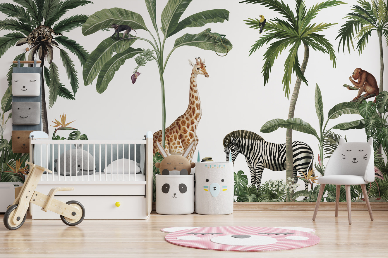 Tropical forest mural with wild animals and lush trees.
