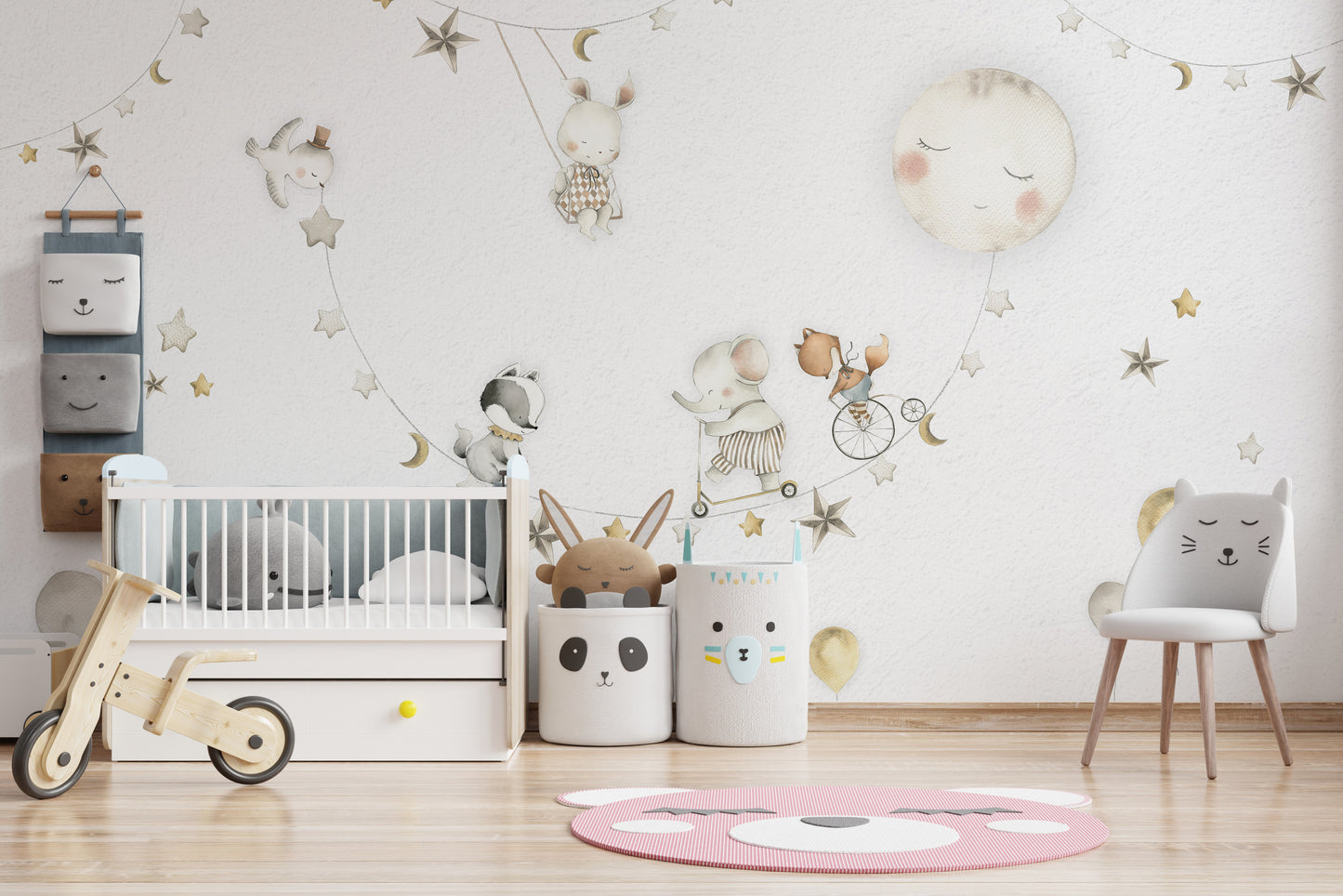 Dreamy wall mural with animals in a magical nighttime setting
