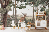 Vibrant mural featuring stag and deer in lush forest scenery.
