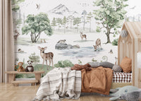 Deer wallpaper mural with serene winter forest scenery.
